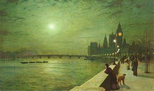 Lichtreflecties op de Theems bij Westminster