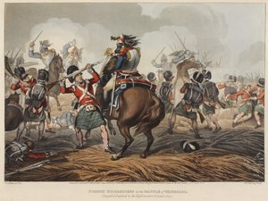 Franse Cuirassiers in de slag bij Waterloo aangevallen en verslagen door de Highlanders en Scotch Greys, gegraveerd door M. Dubourg, 1819