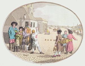 Russisch dorpsgezicht, begin 19e eeuw (handgekleurde ets) door John Augustus Atkinson