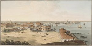 Uitzicht op de Spit van Vasilyevsky-eiland en Peter en Paul-vesting, Tussen 1802 en 1805 door John Augustus Atkinson