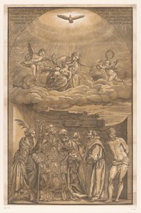 Maria in de wolken en zes heiligen door John Baptist Jackson