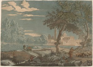 Heroïsch landschap met kar en geitenhoeder, met San Giorgio Maggiore op de achtergrond