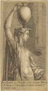 Vrouw die een kruik op het hoofd draagt door John Baptist Jackson, after Parmigianino