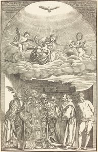 De Maagd in de wolken en zes heiligen door John Baptist Jackson after Titian
