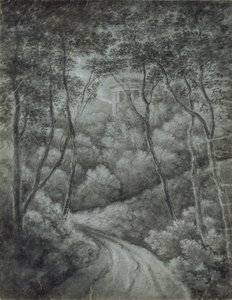 Landschap met een pad door een bos en een klassiek tempel, eind 18e eeuw door John Baptist Malchair