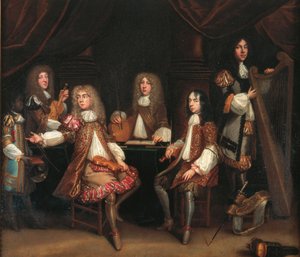 De rode slaapkamer, portretgroep van heren met muziekinstrumenten, traditioneel gezegd de Cabal Ministry van koning Charles II te tonen door John Baptist de Medina
