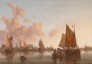 Zeilboten en schuiten op een Nederlandse (?) riviermonding door John Berney Crome