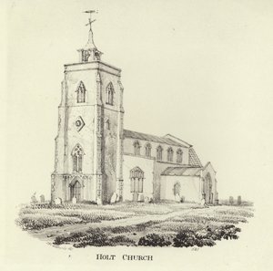 De Kerk van St. Andrew in het dorp Holt door John Berney Ladbrooke