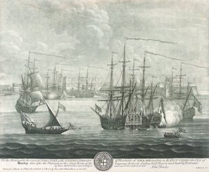 Uitzicht op Bombay (India), opgedragen aan de directeur van de Britse Oost-Indische Compagnie door John Bowles