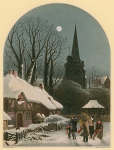 Victoriaanse kerstscène met band die in de sneeuw speelt