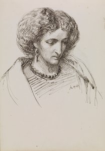 Hoofd- en schouderportret schets van vrouw met neergeslagen ogen door John Brett