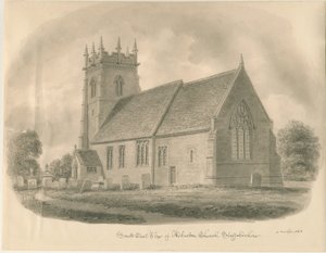 Adbaston Kerk: sepia tekening, 1843 door John Buckler