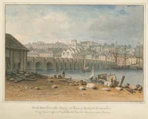 Devonshire - Bideford - Brug en Stad, 1827 door John Buckler