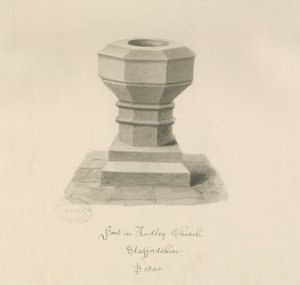 Doopvont in Audley Kerk: sepia tekening, 1840