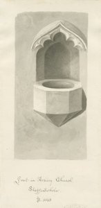 Doopvont in Ashley Kerk: sepia tekening, 1843 door John Buckler