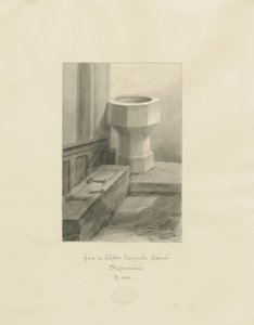 Doopvont in Clifton Campville Kerk: sepia tekening door John Buckler