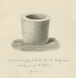 Doopvont in Leek Church: sepia tekening