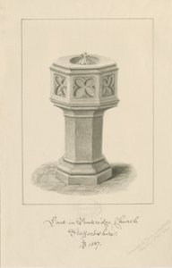 Doopvont in Penkridge Kerk: sepia tekening door John Buckler