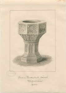 Doopvont in Tettenhall Kerk (sepiatekening) door John Buckler