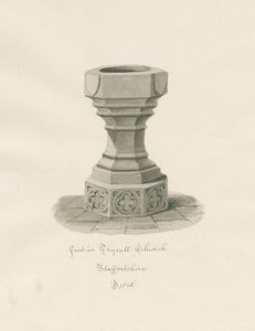 Doopvont in Trysull Kerk: sepia wassing tekening door John Buckler