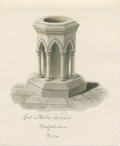 Doopvont in Walton-on-the-Hill Kerk: sepia wassing tekening door John Buckler