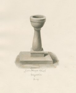 Doopvont in Waterfall Kerk: sepia tekening door John Buckler