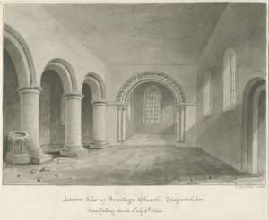 Interieur van Armitage Kerk: sepia tekening, 6 jul 1844 door John Buckler