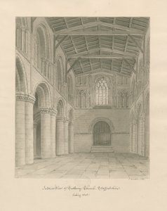 Interieur van Tutbury Priory Kerk: sepia wassing tekening door John Buckler