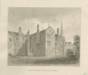 Lichfield - Oud Huis in The Close: sepia tekening door John Buckler