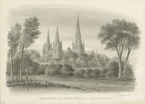 Lichfield Kathedraal - Zuidwestelijke Aanblik: sepia tekening door John Buckler