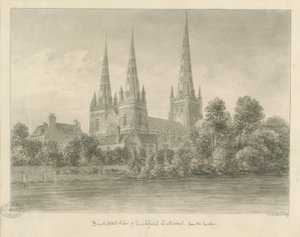 Lichfield Kathedraal - Zuidwestaanzicht: sepia tekening door John Buckler