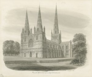 Lichfield Kathedraal - Zuidwestaanzicht: sepia tekening door John Buckler