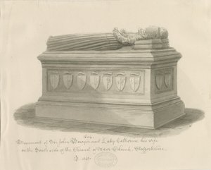 Maer Church - Monument voor Sir John Bowyer en Lady Catherine: sepia wash tekening, 1843