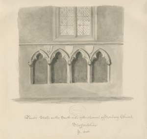 Norbury Church - Priesterstallen: sepia was tekening, 1843 door John Buckler