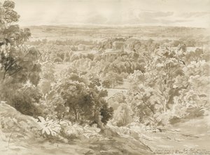 Patshull House en Park: sepia wassing tekening door John Buckler