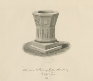 Penkridge - Doopvont in de pastorie tuin: sepia tekening door John Buckler