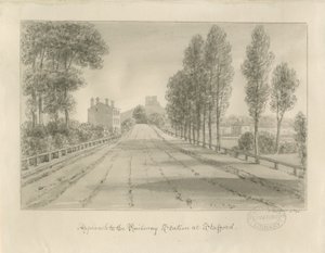 Stafford - Toegang tot het treinstation: sepia tekening door John Buckler