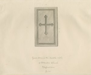 Standon Kerk - Grafsteen: sepia tekening door John Buckler