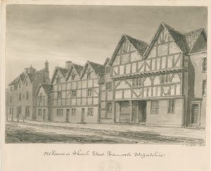Tamworth - Oude Huizen in Church Street: sepia was tekening, 1838