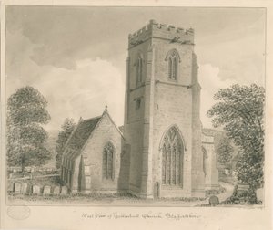 Tettenhall Kerk: sepia was tekening, 1837 door John Buckler