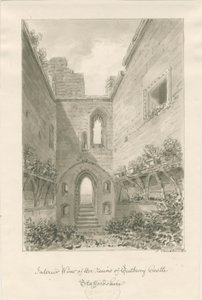 Tutbury Castle - Interieur van Ruïnes: sepia wassing tekening door John Buckler