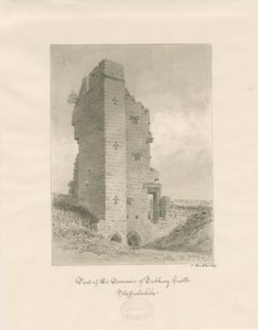 Tutbury Kasteel: sepia wassing tekening door John Buckler