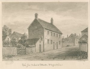 Uttoxeter Stad - Vrije School: sepia wassing tekening door John Buckler