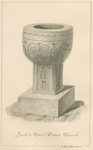 Worcestershire - Droitwich - Sint-Pieterskerk Doopvont: sepia tekening, 1833 door John Buckler