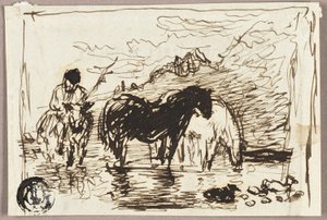 Schets van Paarden die Drinken door John Burnet