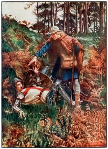 Getrouwe helpt Christen na zijn val uit The Pilgrims Progress From This World, To That Which Is To Come door John Bunyan (1628-1688) Illustratie door Byam Shaw (1872-1919)