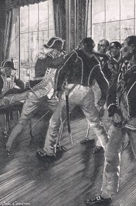 Een scène aan boord van het vlaggenschip tijdens de muiterij van de Nore, illustratie uit 
