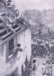 De aanval op Dukeld, 21 augustus 1689, illustratie uit Britse gevechten op land en zee, 1915