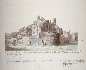 Bastion op de hoek van London Wall, St Giles zonder Cripplegate kerkhof, City of London, 1779 door John Carter
