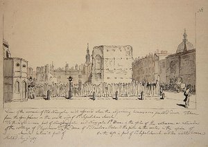 Uitzicht op de resten van de oude Newgate Prison